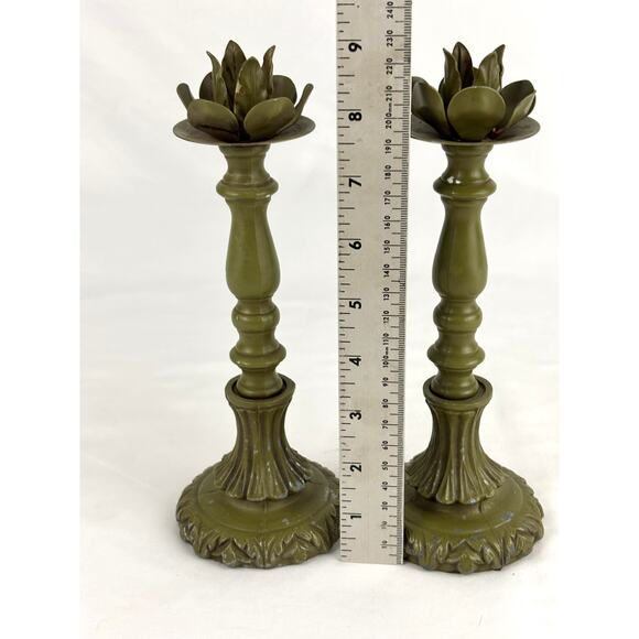 Pair Antique Green Enameled Cast Iron Candlestick Holder Ornate - Picture 2 of 12